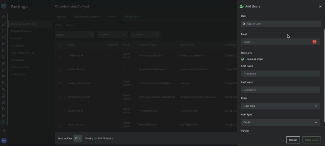 Add Users, showing the user, email, username, name, role, and authentication fields. Example tenant.