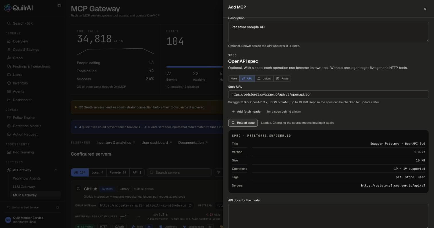 Add MCP drawer with API selected, showing the Name, Slug and Base URL fields and a loaded OpenAPI spec summary with title, version, size and operation count