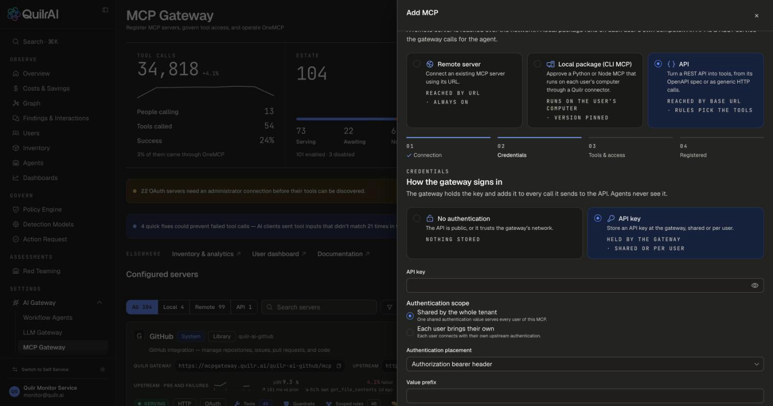 Credentials step with No authentication and API key options, the authentication scope, placement and value prefix fields, and the Sent on every call as preview