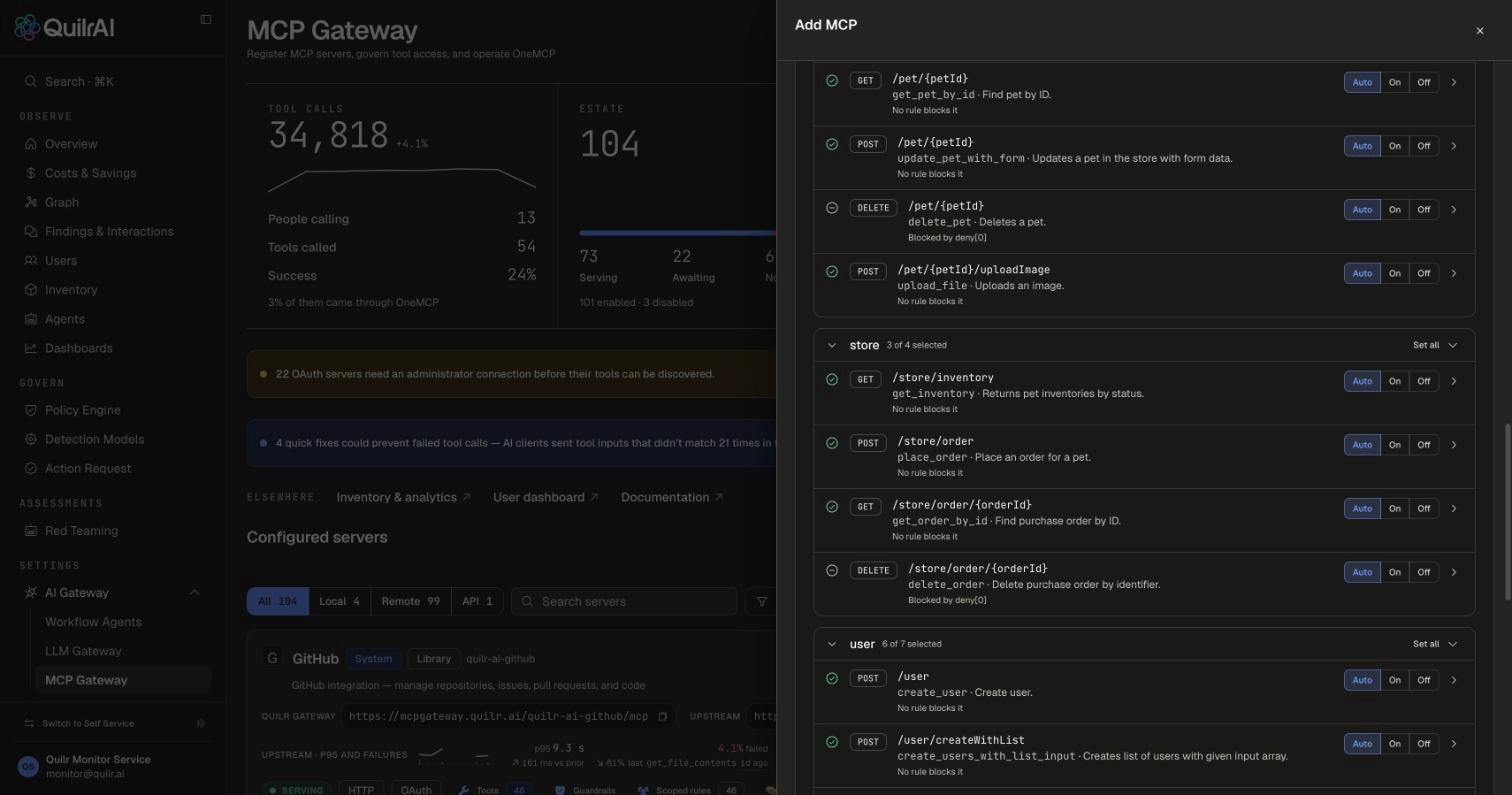 Operations list grouped by tag with Auto, On and Off per operation, the selected count, and the Agents get N tools summary