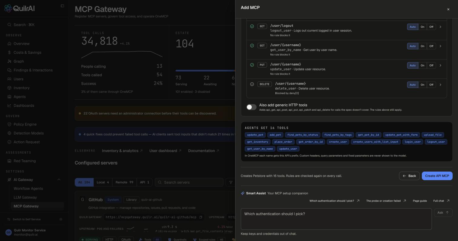 Agents get 16 tools summary listing the tool names, the Also add generic HTTP tools switch, and the Create API MCP button