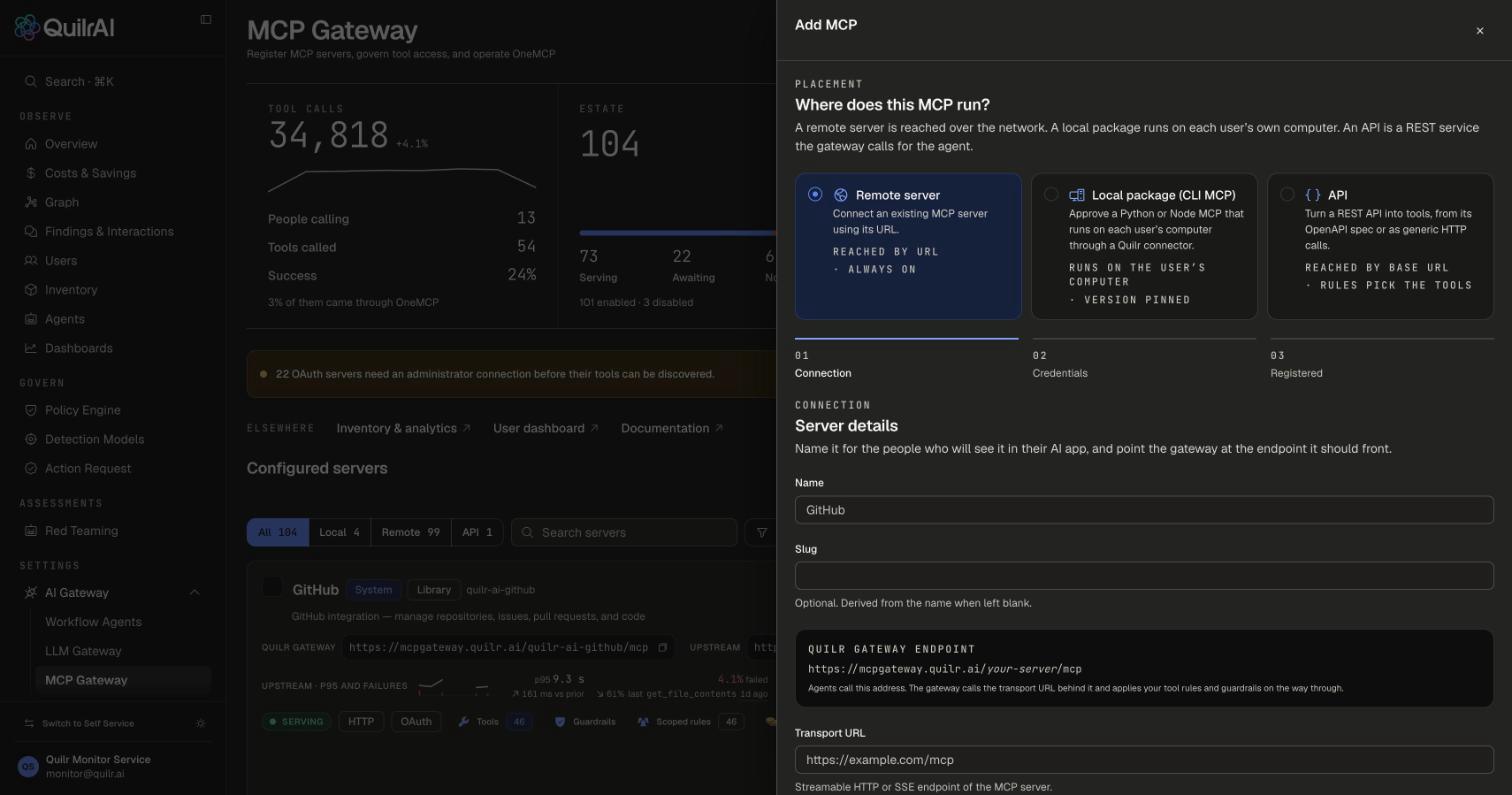 Add MCP drawer with Remote server selected, the Name, Slug and Transport URL fields, the Quilr gateway endpoint preview and the How the gateway signs in choices