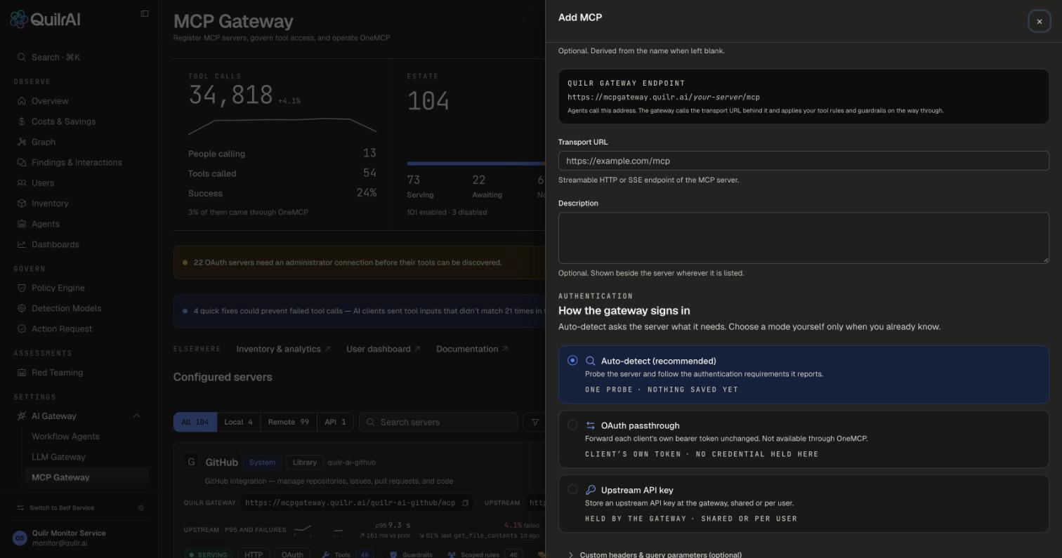 How the gateway signs in, with Auto-detect (recommended) selected and OAuth passthrough and Upstream API key as the other choices
