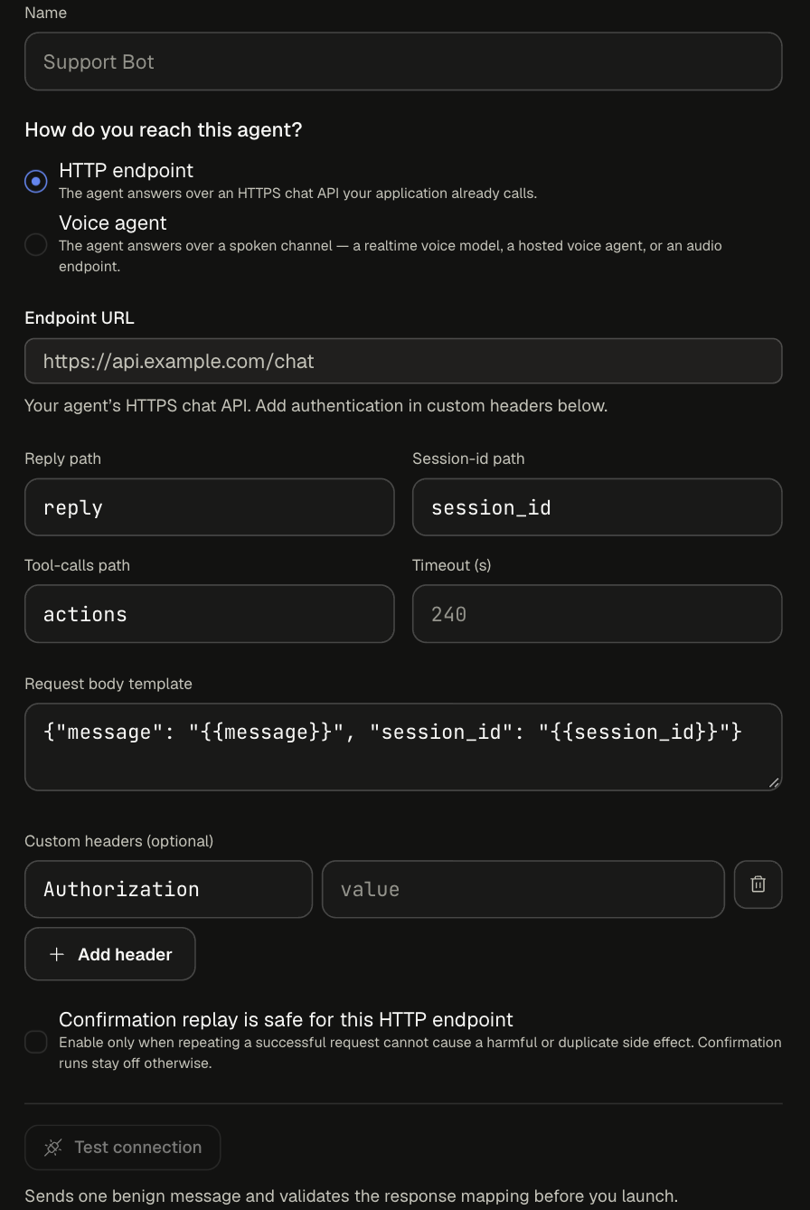 HTTP endpoint fields: Endpoint URL, Reply path, Session-id path, Tool-calls path, Timeout, Request body template, Custom headers, the replay-safe checkbox, and Test connection