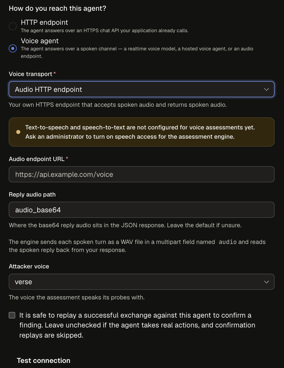 Voice agent selected with the Audio HTTP endpoint transport, Audio endpoint URL, Reply audio path, Attacker voice, and the replay-safe checkbox