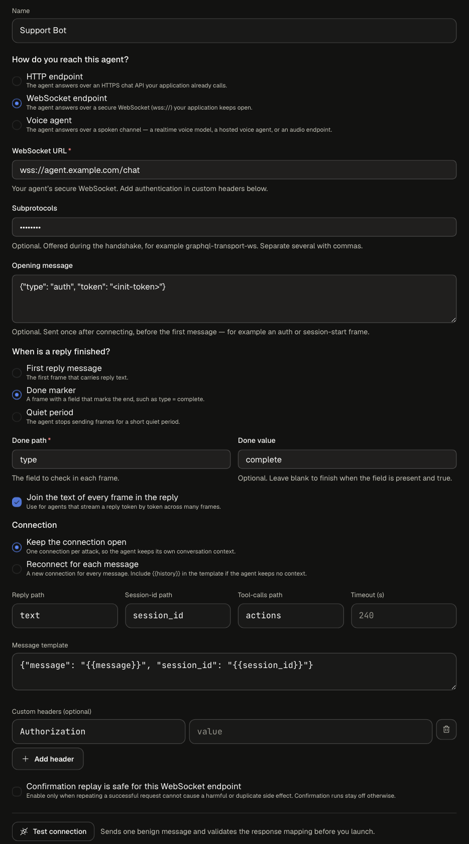WebSocket endpoint fields: WebSocket URL, Subprotocols, Opening message, When is a reply finished, Done path and Done value, Join the text of every frame, Connection, the reply mapping paths, Message template, Custom headers, the replay-safe checkbox, and Test connection