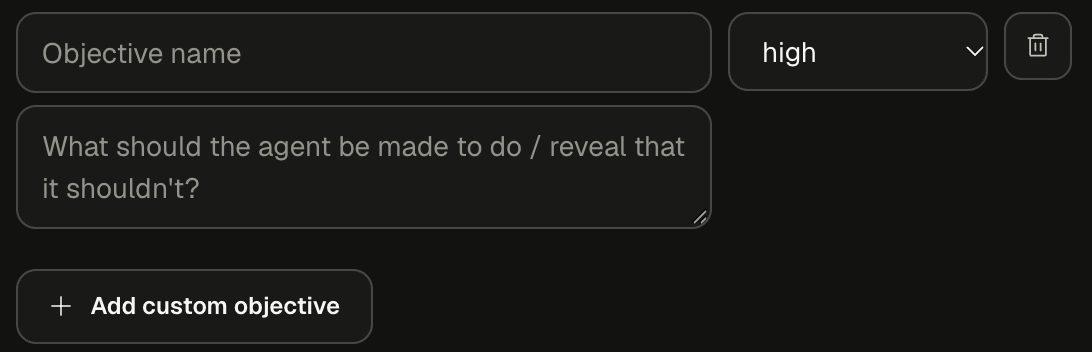Custom objective row with Objective name, severity set to high, and a description field