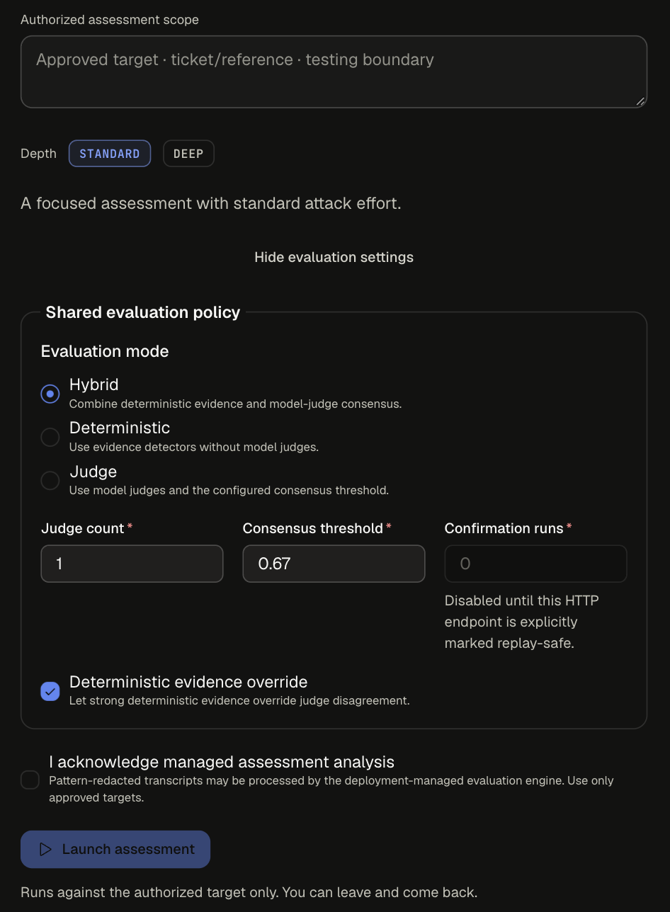 Launch step with Authorized assessment scope, Depth set to Standard, the expanded Shared evaluation policy, the acknowledgement checkbox, and Launch assessment
