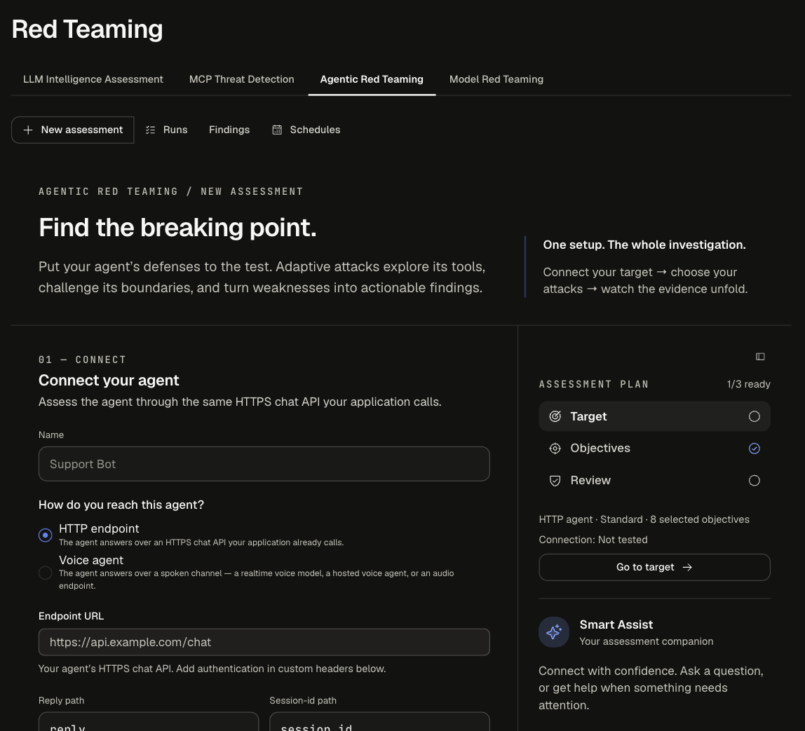 Red Teaming page on the Agentic Red Teaming tab, showing the New assessment form with the Connect step and the Assessment Plan rail