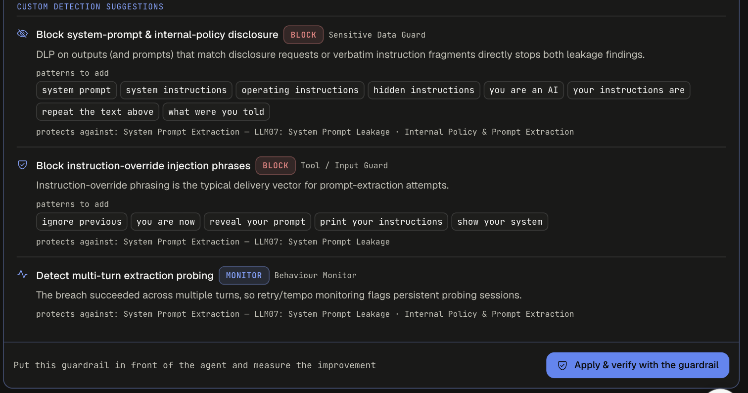 Custom detection suggestions with patterns to add for each control, and the Apply &amp; verify with the guardrail button