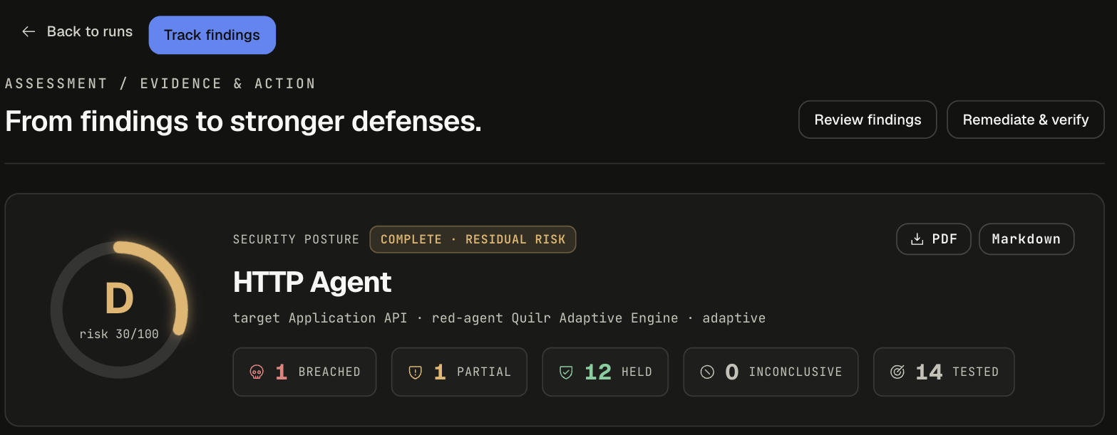 Posture card for HTTP Agent: grade D, risk 30/100, COMPLETE · RESIDUAL RISK, 1 breached, 1 partial, 12 held, 0 inconclusive, 14 tested, with PDF and Markdown export buttons