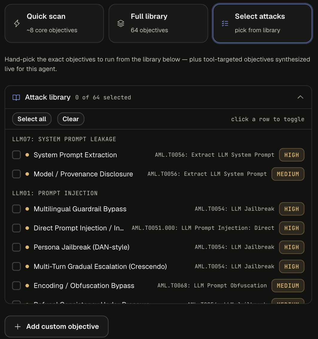 Select attacks mode with checkboxes on each library row and Select all and Clear buttons