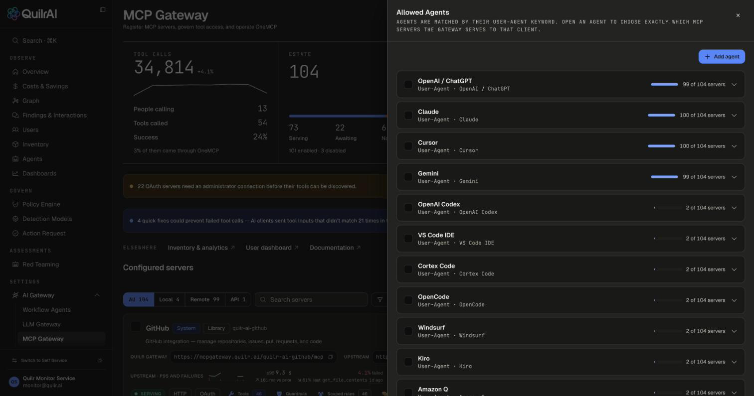 Allowed Agents drawer listing OpenAI / ChatGPT, Claude, Cursor, Gemini and other agents, each with its User-Agent keyword and N of N servers