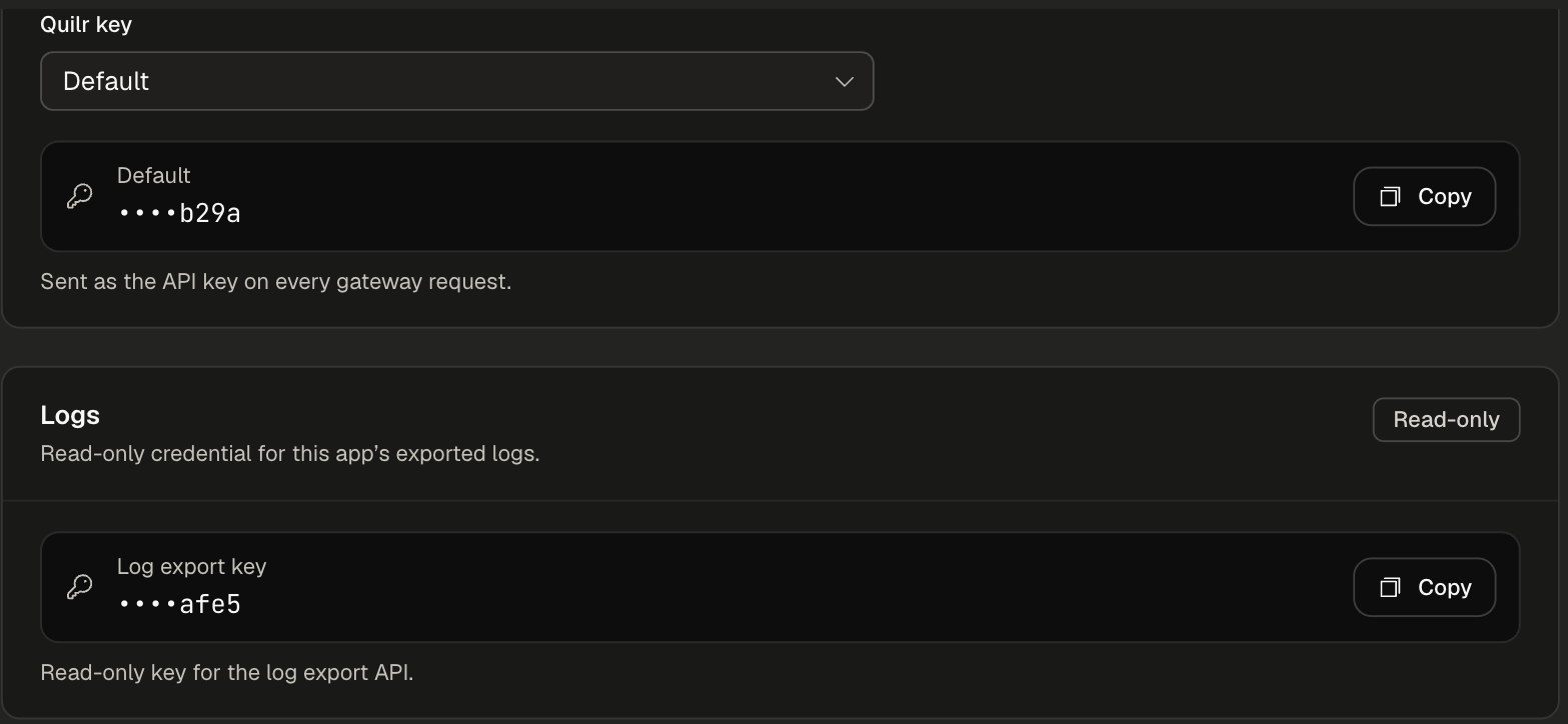 API Integration section with a Quilr key picker and Copy button, and a read-only Log export key with Copy