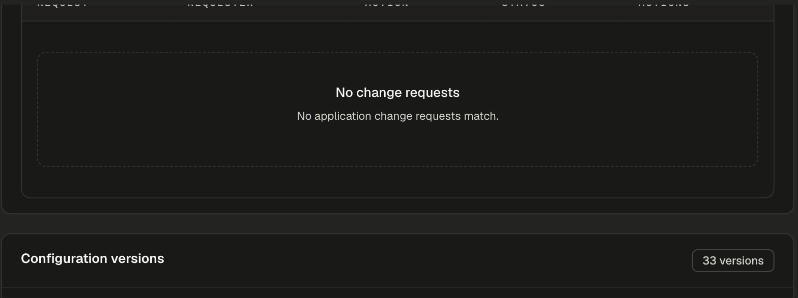 Audit Log section with the Change requests table and the Configuration versions list