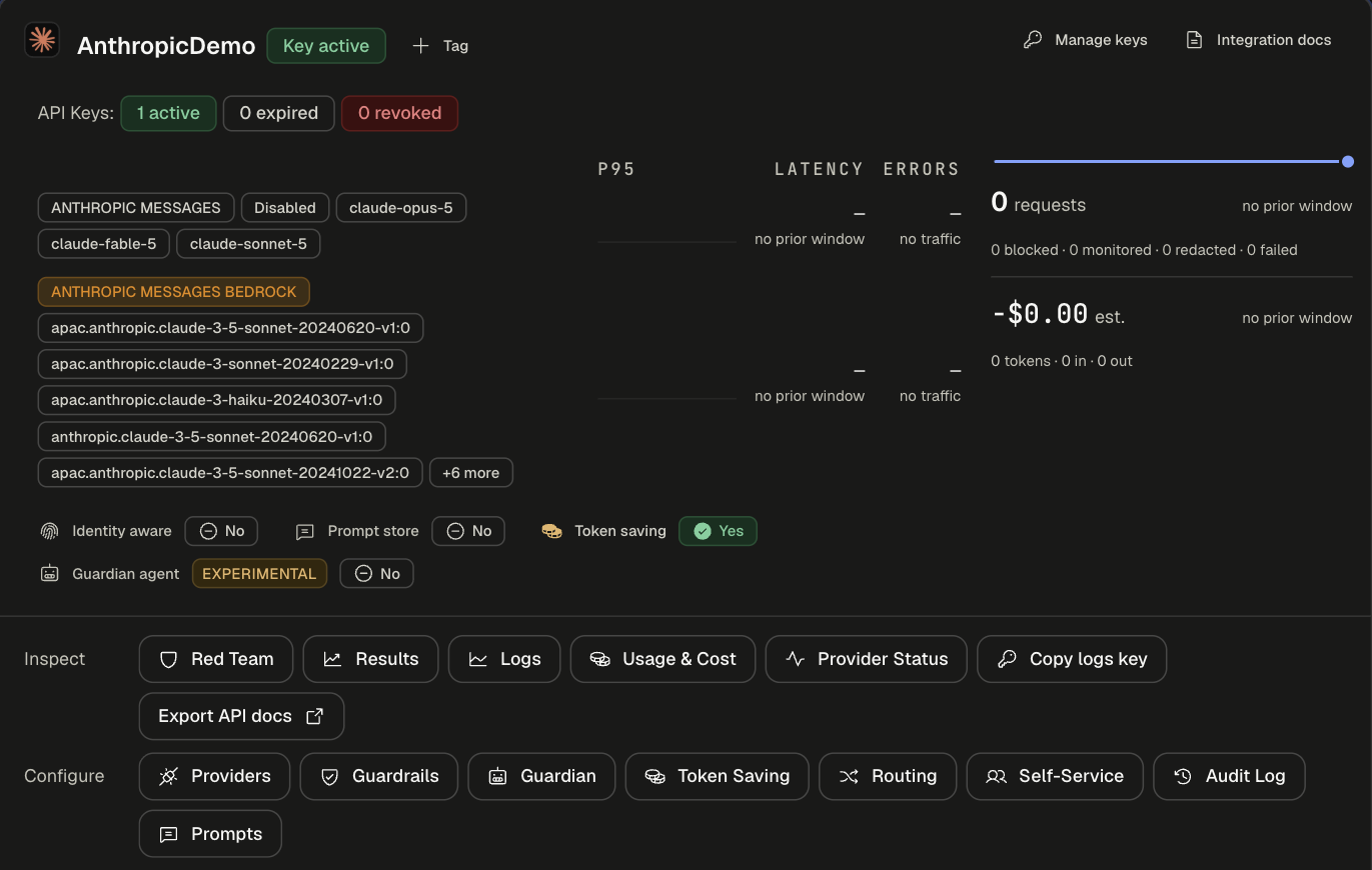 App card with its providers and models, feature chips, request and cost summary, and the Inspect and Configure button rows
