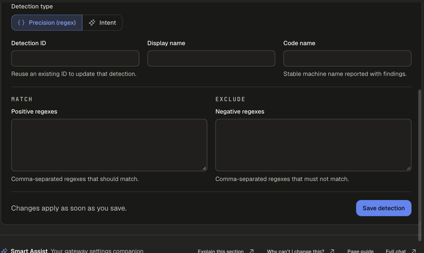 Custom Detections form with Precision (regex) selected, Detection ID, Display name, Code name, and Positive and Negative regex boxes