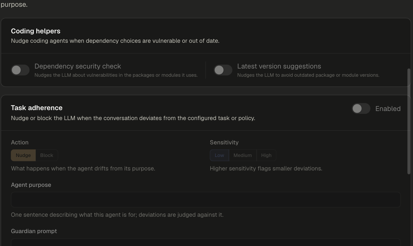 Guardian Agent section with Coding helpers switches, and Task adherence with Action, Sensitivity, Agent purpose and Guardian prompt