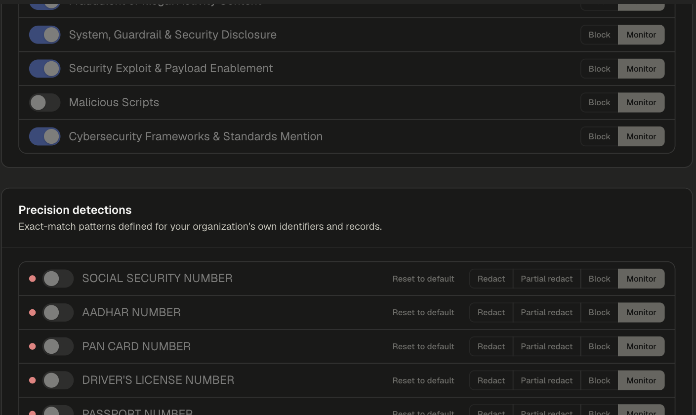 Precision detections list with a switch, Reset to default, and an action selector for each identifier