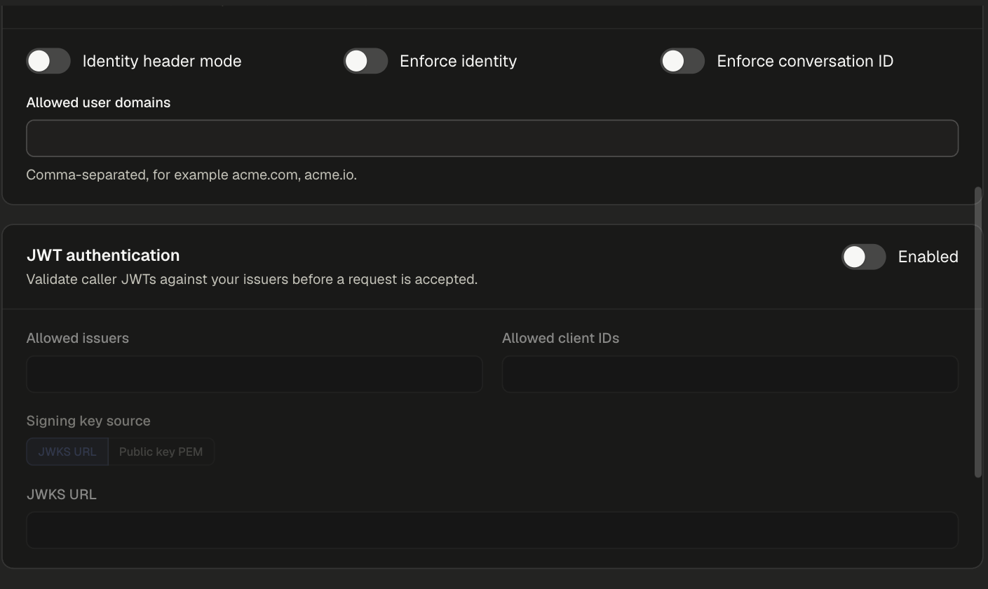 Identity Aware section with Identity header mode, Enforce identity and Enforce conversation ID switches, Allowed user domains, and JWT authentication with Allowed issuers, Allowed client IDs and Signing key source