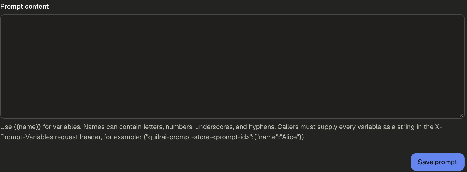 Prompt editor with the Prompt content box, the variable syntax help text and the Save prompt button
