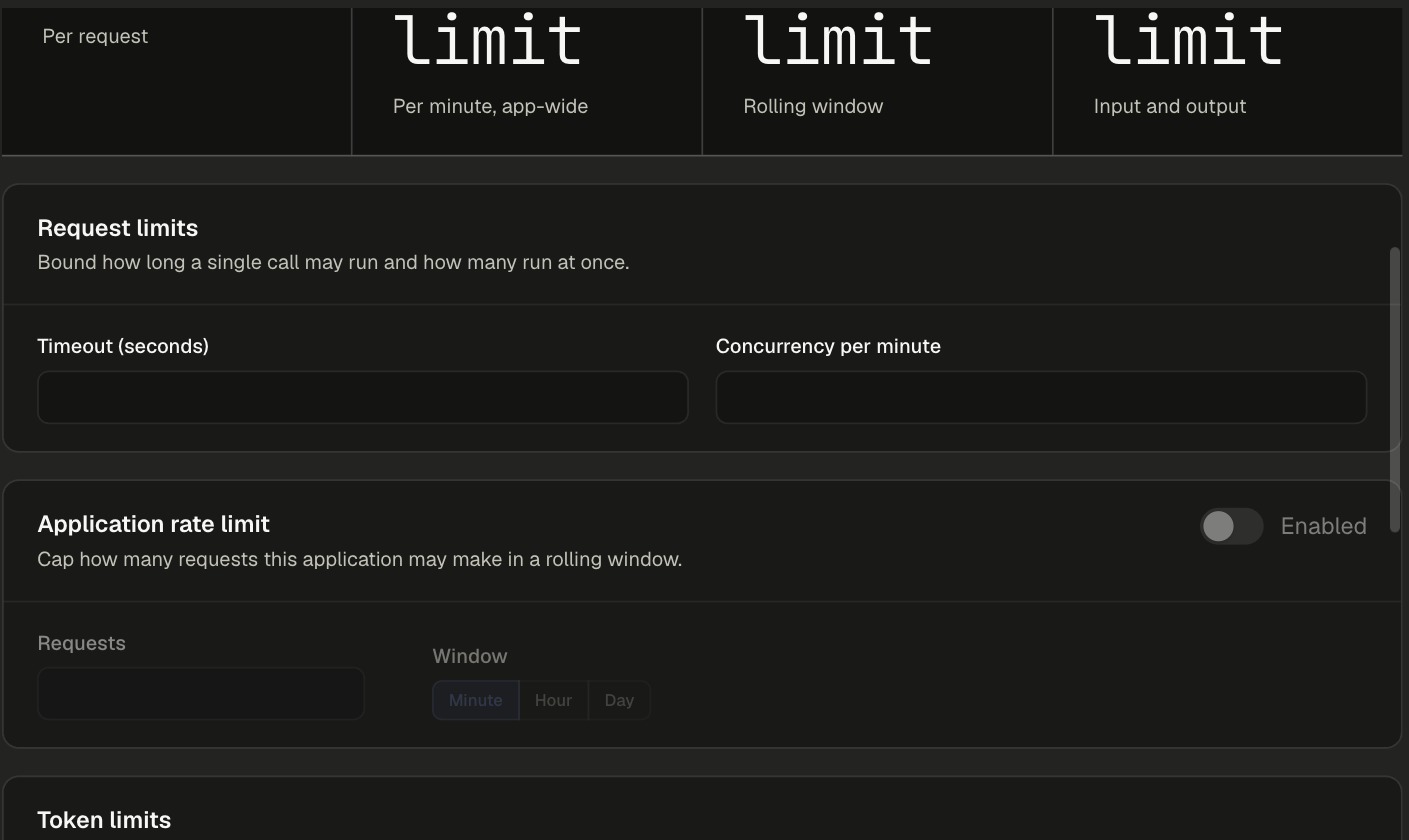 Rate and Token Limits section with Timeout, Concurrency per minute, and the Application rate limit with a Minute, Hour or Day window