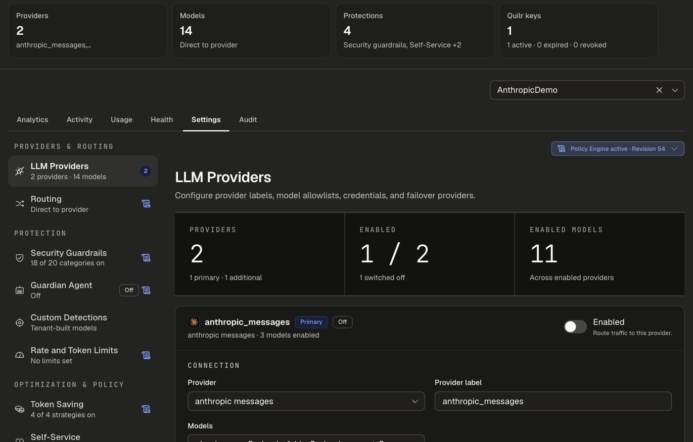 Settings tab of an app with the section list on the left and the LLM Providers section open