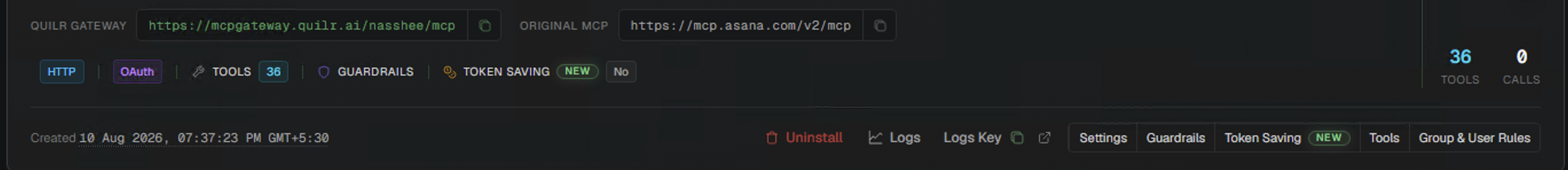 QuilrAI MCP Gateway showing the connected Asana MCP with its gateway URL, OAuth auth mode, and fetched tool count