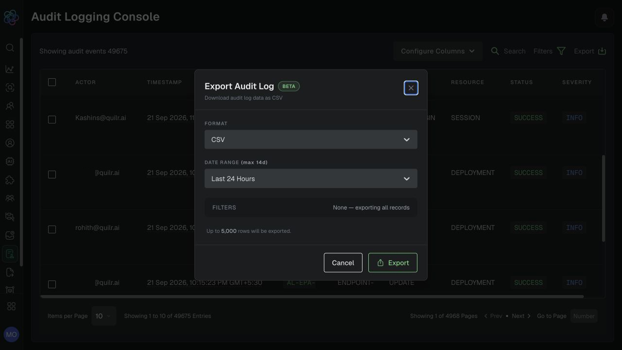 Audit export dialog showing CSV, date range, active filters, and the 5,000-row limit.