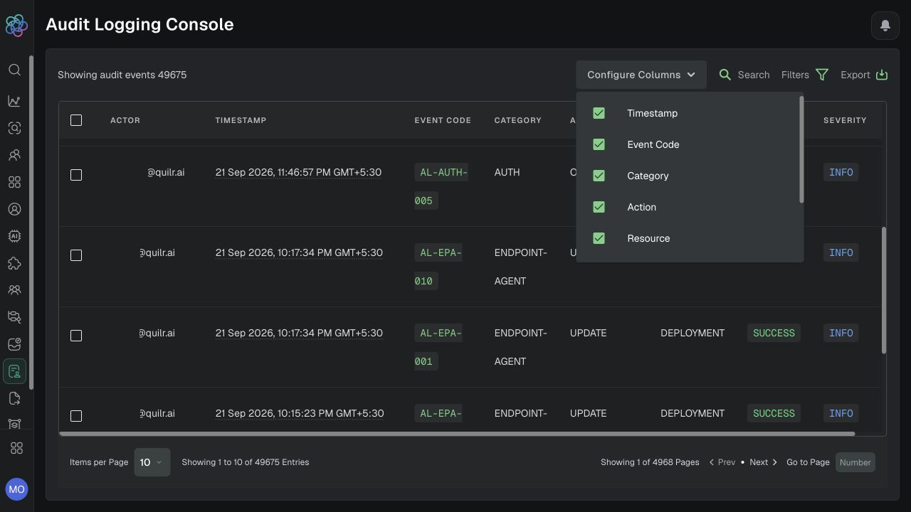 Audit Logging Console with configurable columns.