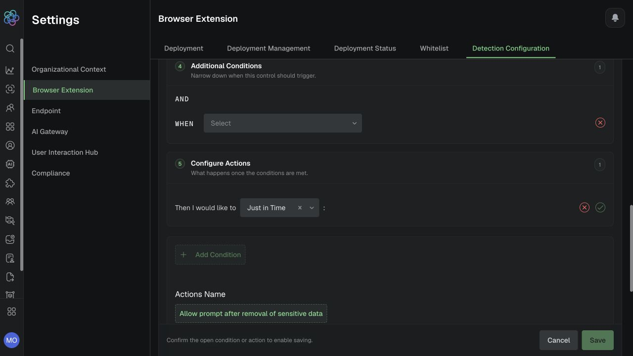 Browser Extension action families and available just-in-time choices.