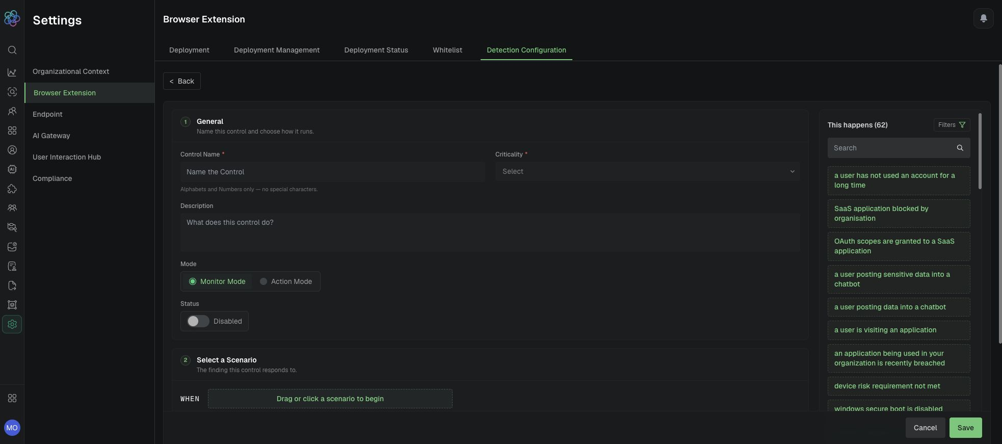 Browser control form with General fields, mode, status, and scenario area.