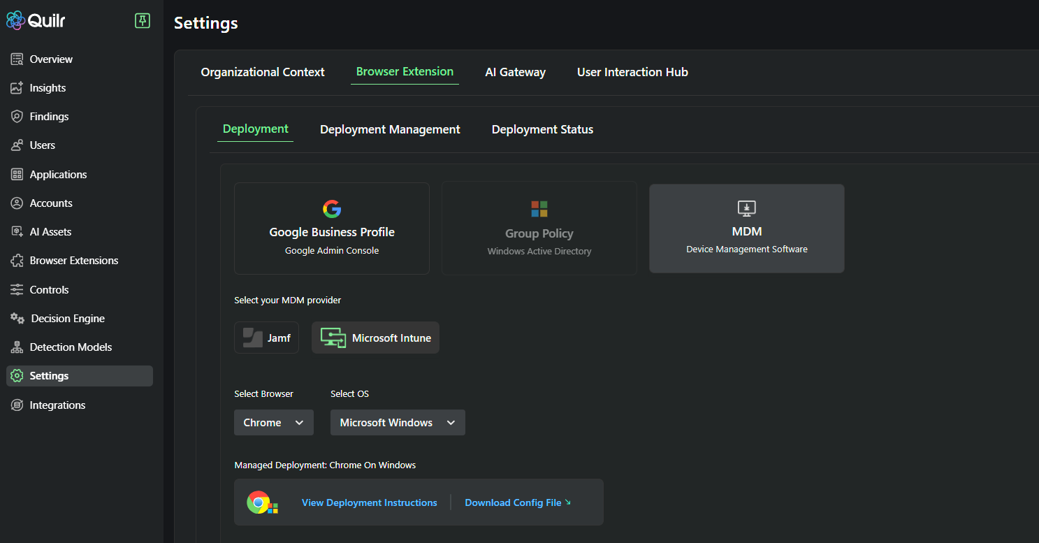 Settings > Browser Extension > Deployment with MDM provider, browser, operating system, deployment instructions, and tenant-specific configuration download.