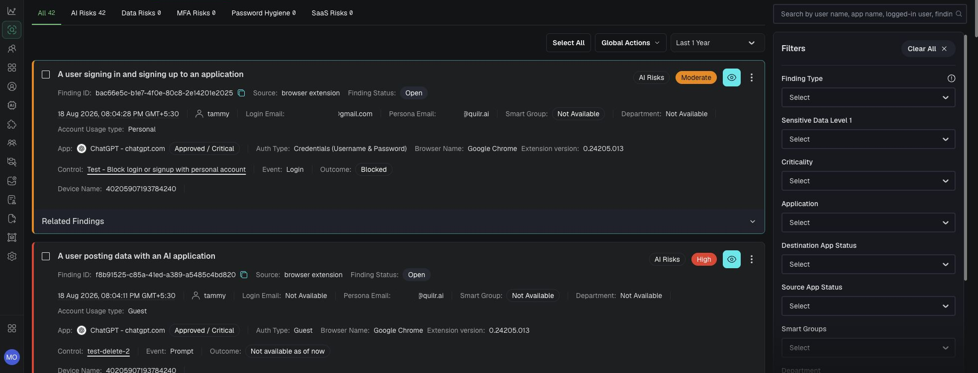 Browser finding card and filters.
