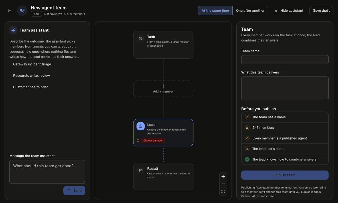 Team builder with the Team assistant on the left, the Task, Add a member, Lead and Result canvas in the middle, and the Team name, deliverable and Before you publish checks on the right