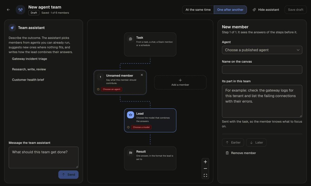 Team builder with one member added, and the New member panel with Agent, Name on the canvas and Its part in this team