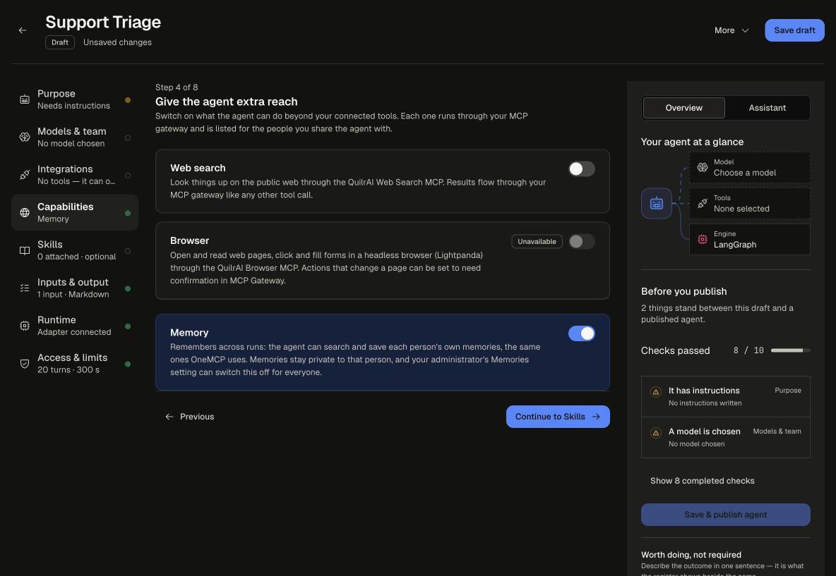 Builder, Capabilities step with Web search, Browser and Memory switches
