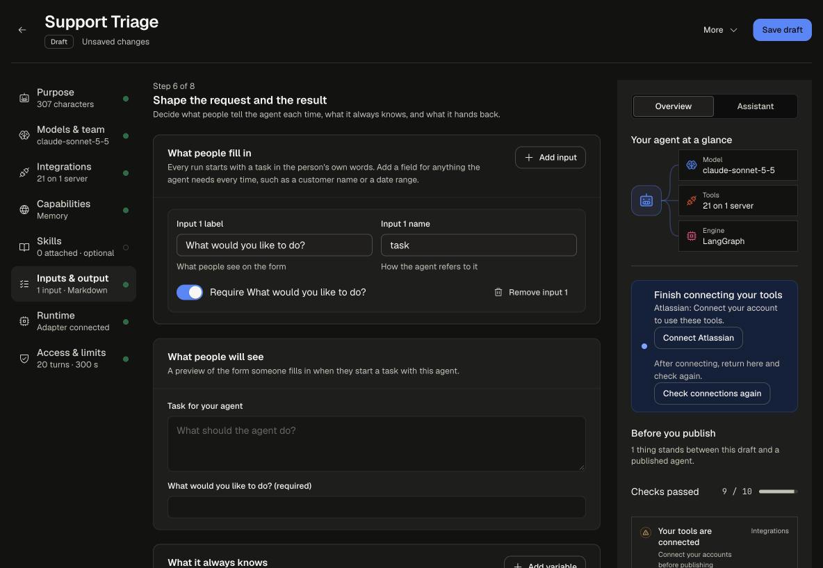 Builder, Inputs & output step with the first input field, its label and name, a Require switch and a preview of the start form