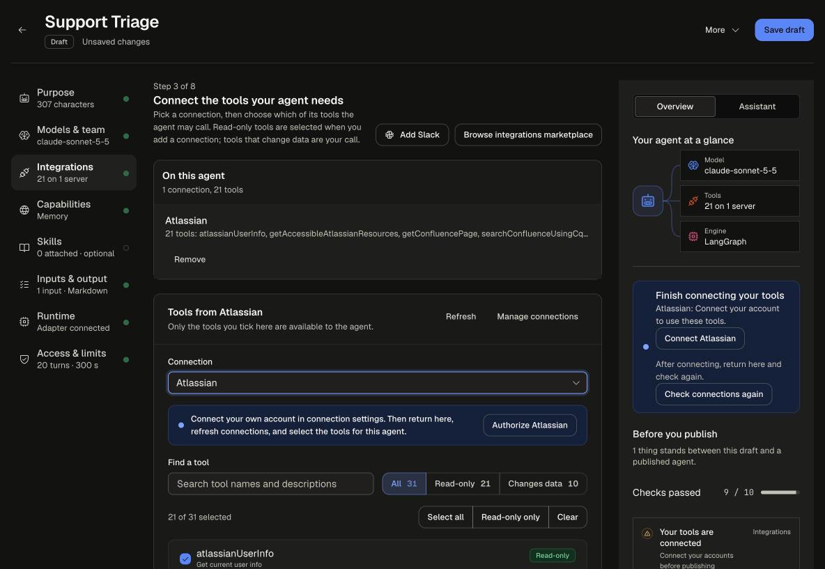 Builder, Integrations step with an Atlassian connection added, the tool list filtered by All, Read-only and Changes data, and a prompt to authorize the connection