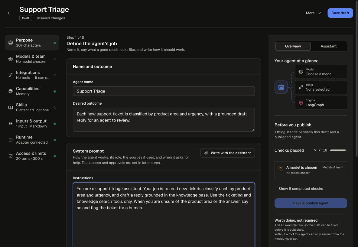 Builder, Purpose step with Agent name, Desired outcome and the System prompt instructions, and the Overview panel showing the agent at a glance and the checks before publishing