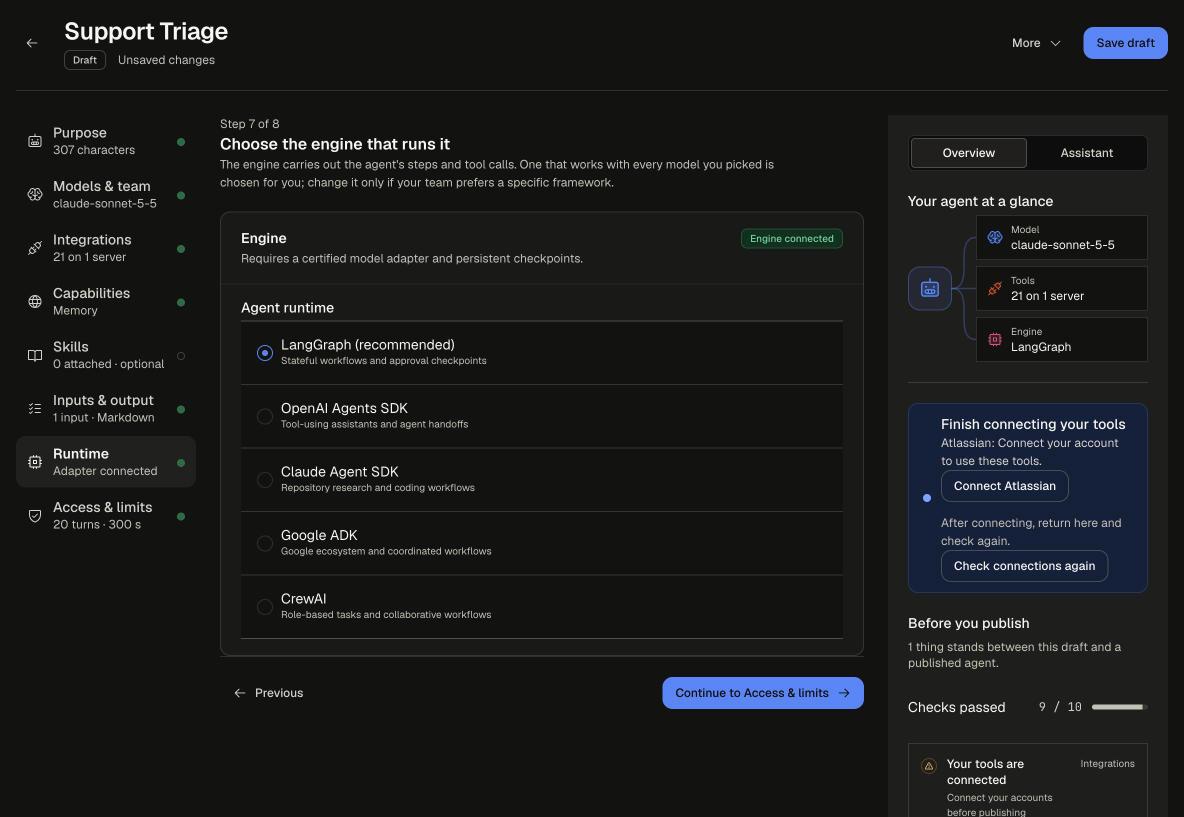Builder, Runtime step with the engine choices LangGraph, OpenAI Agents SDK, Claude Agent SDK, Google ADK and CrewAI