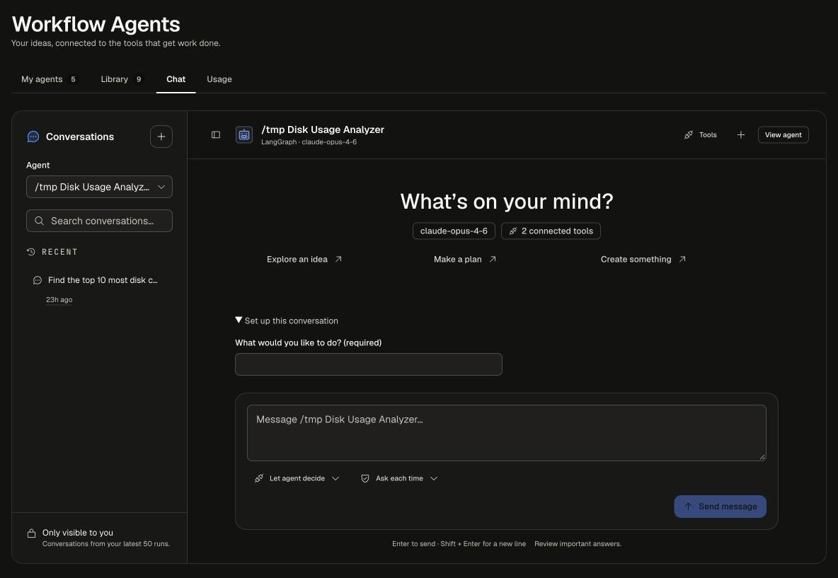 Chat tab with the Conversations list and agent picker on the left, and the agent's model, connected tools, suggested prompts and message box on the right