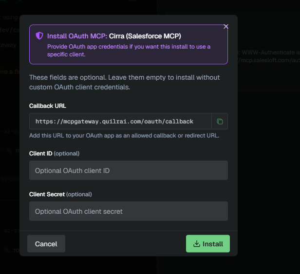 QuilrAI Install OAuth MCP dialog for Cirra (Salesforce MCP) showing the callback URL and the optional Client ID and Client Secret fields