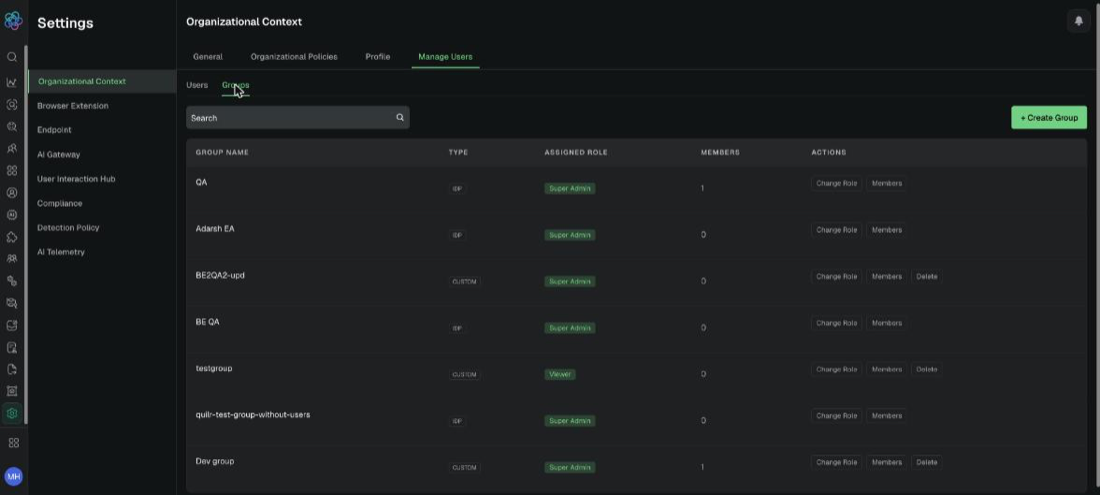 Manage Users, Groups sub-tab, with group type, assigned role, member count, and per-group actions. Example tenant.