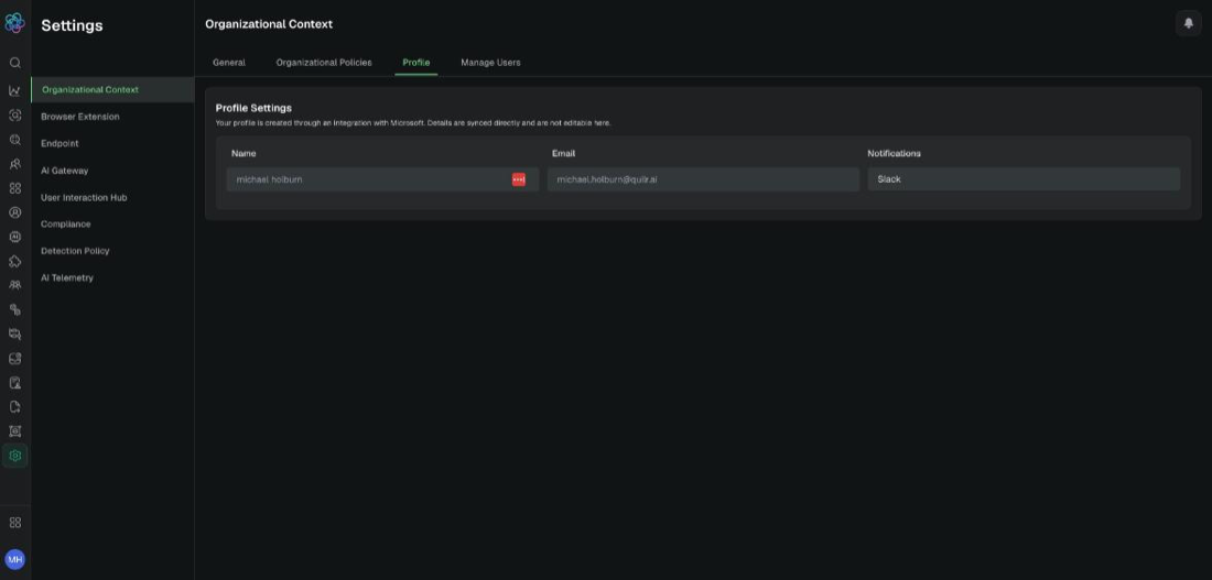Profile Settings, showing the identity-provider-synced name, email, and notification channel. Example tenant.
