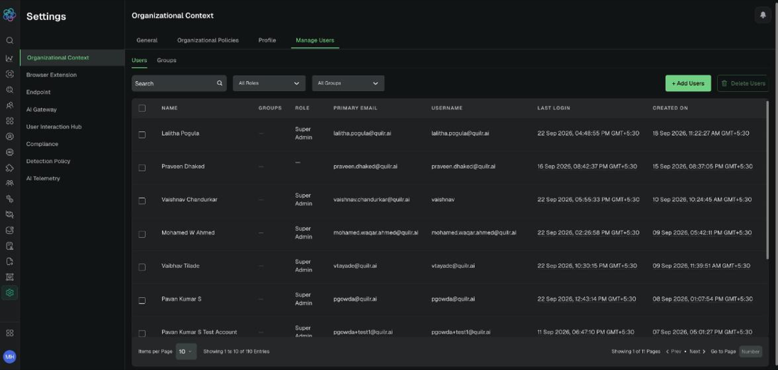 Manage Users, Users sub-tab: the console account inventory with role and group filters. Example tenant.