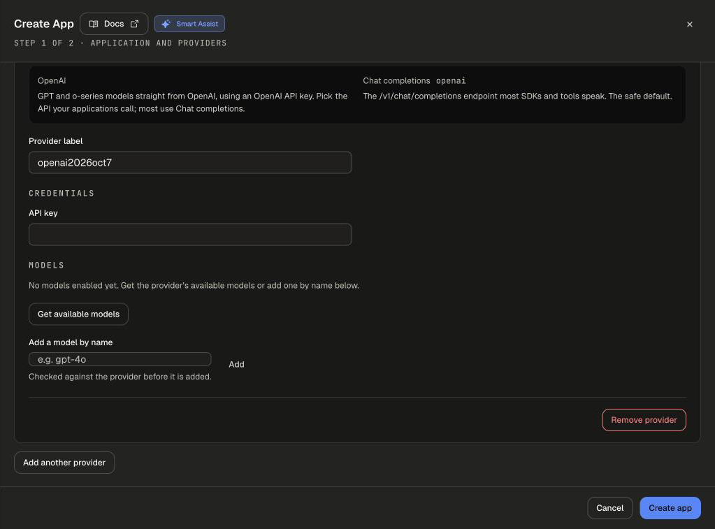 OpenAI provider form with Provider label, API key, Get available models, Add a model by name, Remove provider and Add another provider