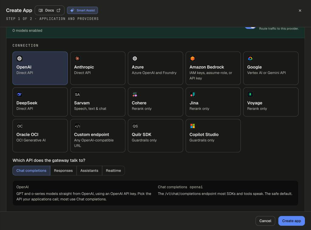 App-only credentials selected, with the provider tiles (OpenAI, Anthropic, Azure, Amazon Bedrock, Google, DeepSeek, Sarvam, Cohere, Jina, Voyage, Oracle OCI, Custom endpoint, Quilr SDK, Copilot Studio) and the API choice for OpenAI