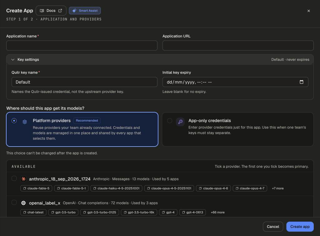Create App, Step 1 of 2, with Application name, Application URL, the expanded Key settings row (Quilr key name and Initial key expiry), and Platform providers selected with the list of available providers