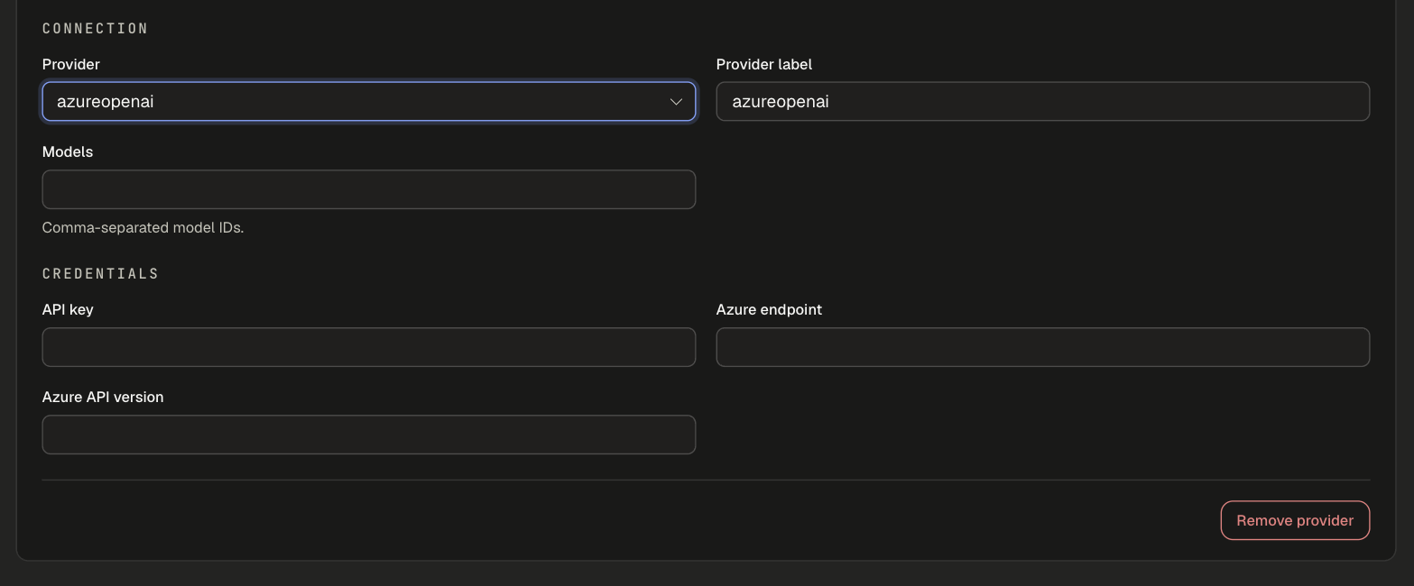 Azure OpenAI provider form with API key, Azure endpoint and Azure API version